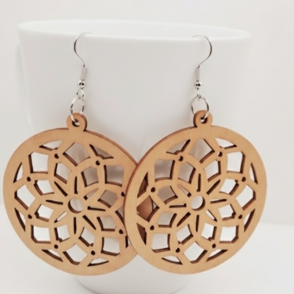 Round finished wood mandala earrings, personalized laser cut earrings 2.7 Inches - Picture 2 of 6